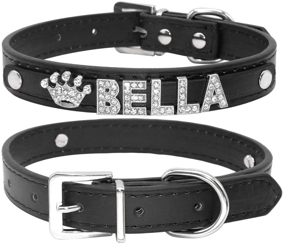  WXPC Bling Rhinestone Cachorros Collares de Perro Personalizados Perros Pequeños Collar de Chihuahua Collar Personalizado Nombre Gratis Encantos Accesorios para Mascotas Negro, L 