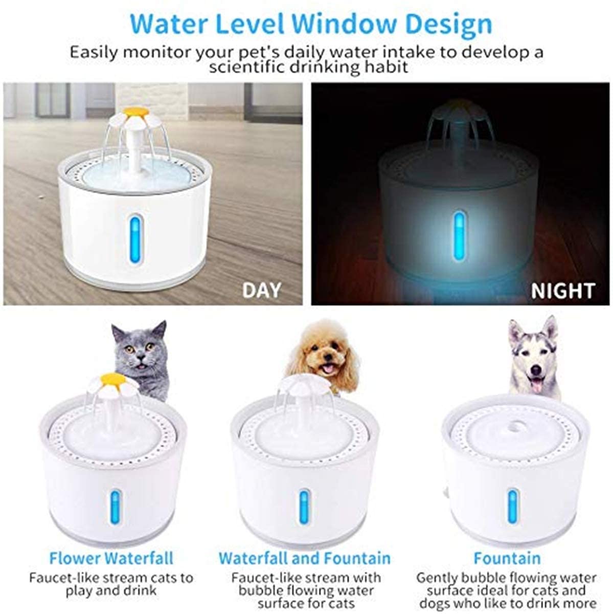  XUEE Fuente de Agua para Gatos, con Ventana de Nivel de Agua con visión Nocturna LED, Fuente para Mascotas con Bomba silenciosa de CC para Beber Perros y Gatos- (envíe Cuatro filtros),A 