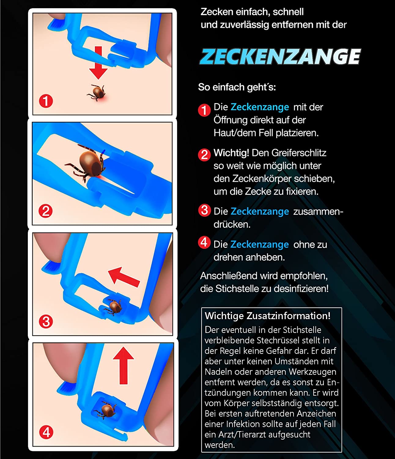  ZeckenDoc - Pinzas para garrapatas, no Girar, ¡Tirar! Las garrapatas no Tienen Rosca. 