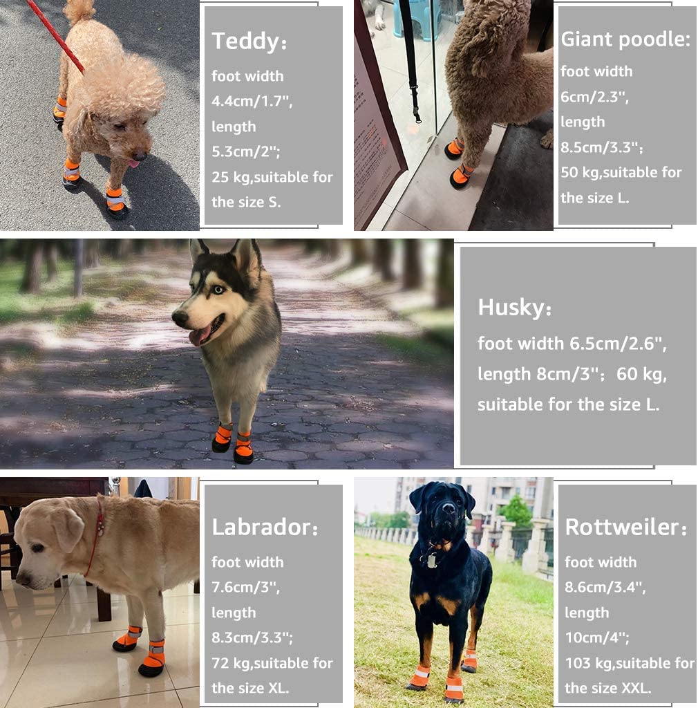  Zeraty Zapatos para Perros Botas para Mascotas Zapatillas para Perros medianos más Grandes con Correas Reflectante Ajustable Suela Antideslizante Resistente Naranja 4PCS 