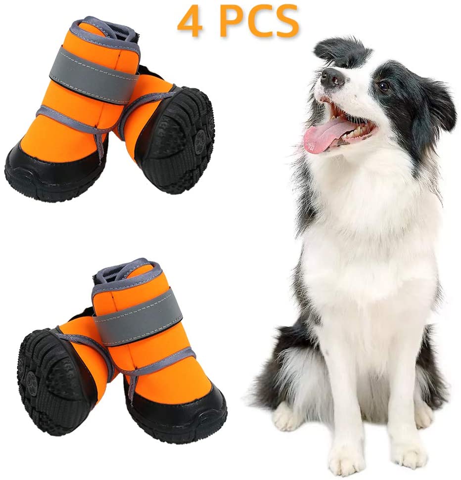  Zeraty Zapatos para Perros Botas para Mascotas Zapatillas para Perros medianos más Grandes con Correas Reflectante Ajustable Suela Antideslizante Resistente Naranja 4PCS 