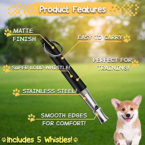 5 Silbatos Profesional para Perros - Calidad Premium Acero Inoxidable - Ultrasonidos, Frecuencias Ajustables - Perfecto para Entrenadridos de Perros, Comandos Básicos y Control de Ladridos