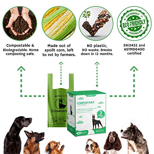 Alpha Pets Bolsas compostables para Perros con Asas fáciles de Atar – 320 Bolsas de Basura de maíz biodegradables de tamaño Mediano y Grande – 3 Meses de Suministro con Caja dispensadora