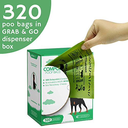 Alpha Pets Bolsas compostables para Perros con Asas fáciles de Atar – 320 Bolsas de Basura de maíz biodegradables de tamaño Mediano y Grande – 3 Meses de Suministro con Caja dispensadora