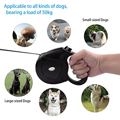 AROVA Dog Leash 16.4 Pies Correa de perro retráctil de nylon con cordón de cinta de nylon, agarre manual, botón de un solo freno y candado para perros pequeños medianos y grandes de hasta 50kg
