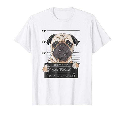 Bad Puggy Identity Shot Funny Camiseta Blanca Casual para Amantes de los Perros