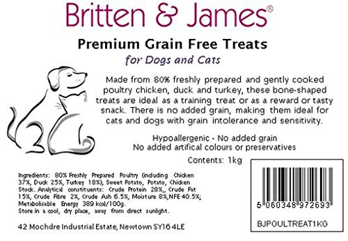 Britten and James Premium Grain Free Dog and Cat Treats. 1 kg en una bañera Stay Fresh 2L. 80% Aves, 20% Papa y Salsa