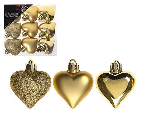 CHRISTMASSHOP Paquete de 9-5cm Baubles Corazón de Oro - Brillante Mate y Brillo Diseño - Árbol de Navidad Trims