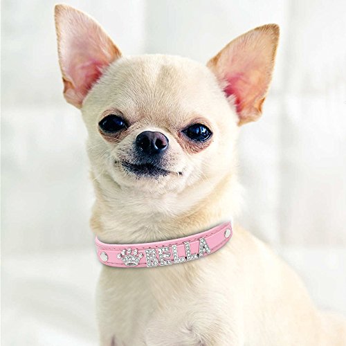 Collar de perro de Berry, de piel sintética, suave, letras y abalorios con cristales de imitación, para perros pequeños y medianos, personalizable rosado, S(Neck 10.5-13")