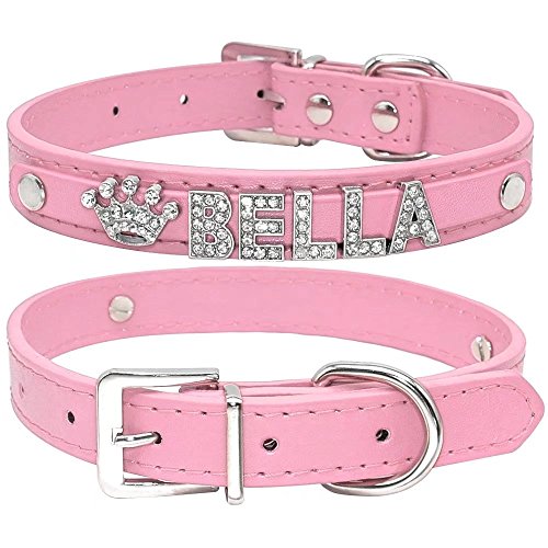Collar de perro de Berry, de piel sintética, suave, letras y abalorios con cristales de imitación, para perros pequeños y medianos, personalizable rosado, S(Neck 10.5-13")