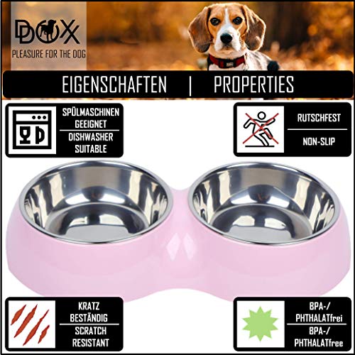 DDOXX Comedero Doble Perro, Antideslizante Tamaños | para Perros Pequeño, Mediano y Grande | Bol Accesorios Acero INOX-Idable Melamina Gato Cachorro | Rosado, 2 x 350 ml