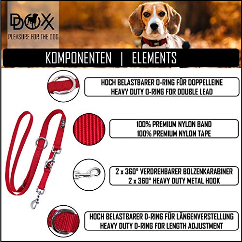 DDOXX Correa Perro Multiposición Nylon, Ajustable en 3 tamaños, 2 m | Diferentes Colores & Tamaños | para Perros Pequeño, Mediano y Grande | Correa Accesorios Doble 2 Gato Cachorro | XS, Rojo, 2m
