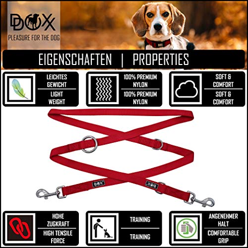 DDOXX Correa Perro Multiposición Nylon, Ajustable en 3 tamaños, 2 m | Diferentes Colores & Tamaños | para Perros Pequeño, Mediano y Grande | Correa Accesorios Doble 2 Gato Cachorro | XS, Rojo, 2m