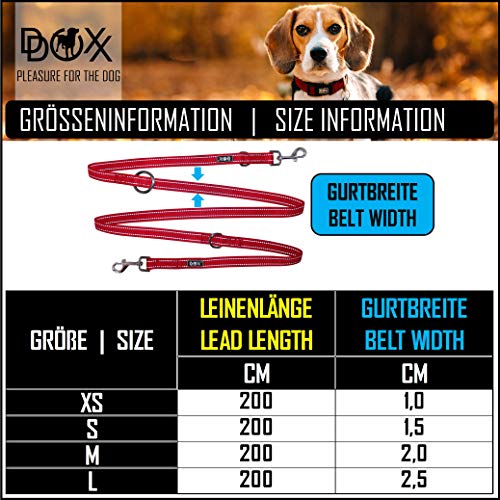 DDOXX Correa Perro Multiposición Nylon Reflectante, Ajustable en 3 tamaños, 2 m | Diferentes Colores & Tamaños | para Perros Pequeño, Mediano y Grande | Correa Doble 2 Gato Cachorro | S, Rojo, 2m