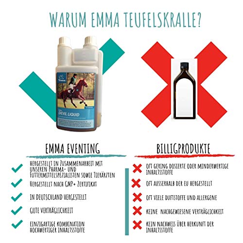 ⭐ EMMA alimen♥ EMMA tos para caballos Uña de diablo para los caballos Líquido alimentación complementaria para las articulaciones I para la movilidad y el cuidado 1 litro