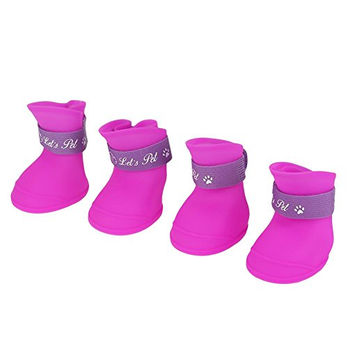 Fdit 4Pcs Lluvia Zapatos Perro Mascota de Silicona Impermeable Antideslizante Zapatos de Lluvia de Protección para Perros Pequeños Animales(L púrpura)