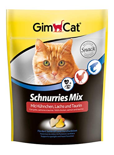 GimCat Schnurries - Aperitivo para Gatos en Forma de corazón con Ingredientes funcionales - Taurina para corazón y Ojos - Mezcla de Pollo y salmón - 1 Bolsa (140 g)