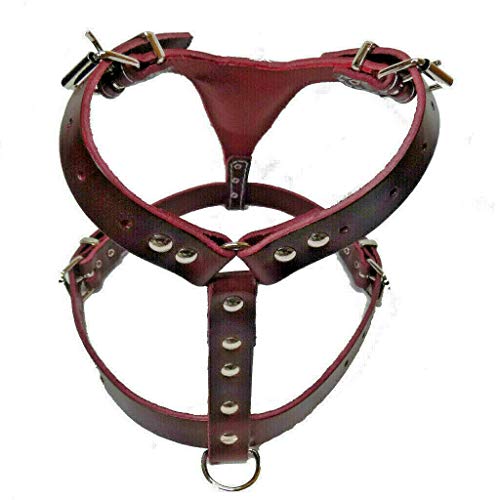 Leather Dog Harness Arnés de Piel para Perro, diseño de Cabeza de Bulldog francés, Color Cereza