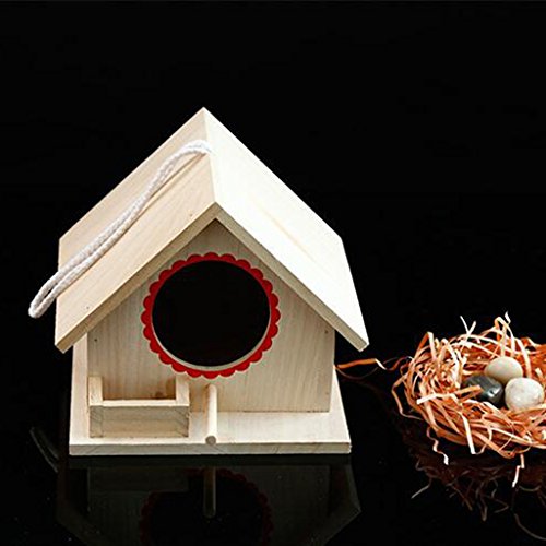 LOVIVER Casa de Pájaros Pajarera Nido Casa de Aves de Madera Natural con Cuerda Decorativa para Jardin en Invierno - 20x 23x 18cm