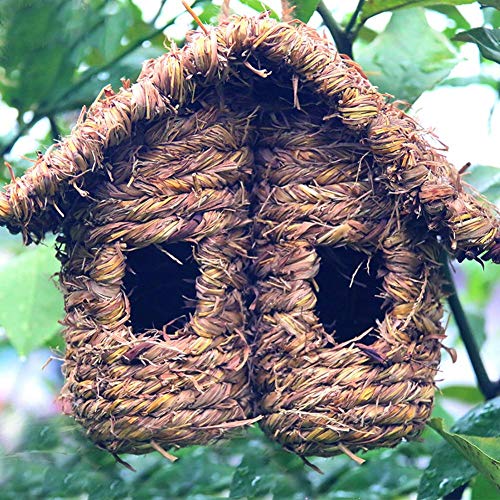 madera Casa de nido Casa de pájaros, Jardín al aire libre Doble techo inclinado Hierba de paja Tejido Caries Resistente Percha Colgando Casa nido para zumbidos Zurrón Gorrión Tragar Pequeñas aves
