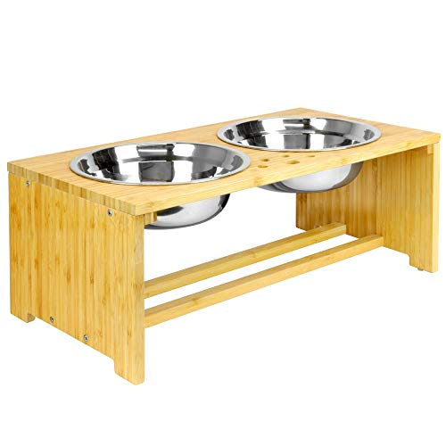 Maison & White Cuencos dobles para mascotas | Perro / Gato 2 en 1 Comida y agua Cuencos de metal | Alimentador de pie de bambú elevado (Mediano)