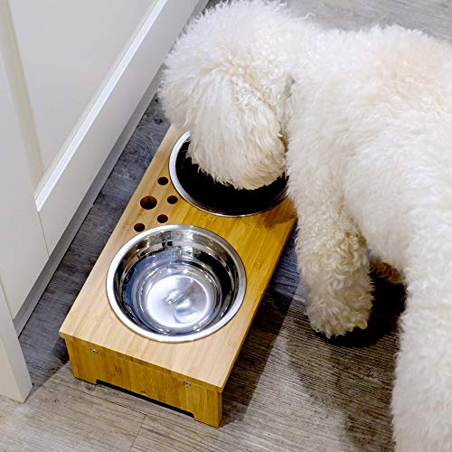 Maison & White Cuencos dobles para mascotas | Perro / Gato 2 en 1 Comida y agua Cuencos de metal | Alimentador de pie de bambú elevado (Mediano)