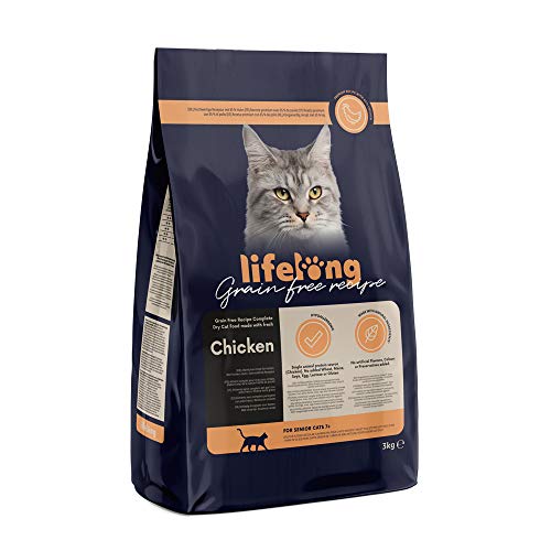 Marca Amazon Lifelong Alimento seco para gatos sénior con pllo fresco, receta sin cereales - 3kg *3