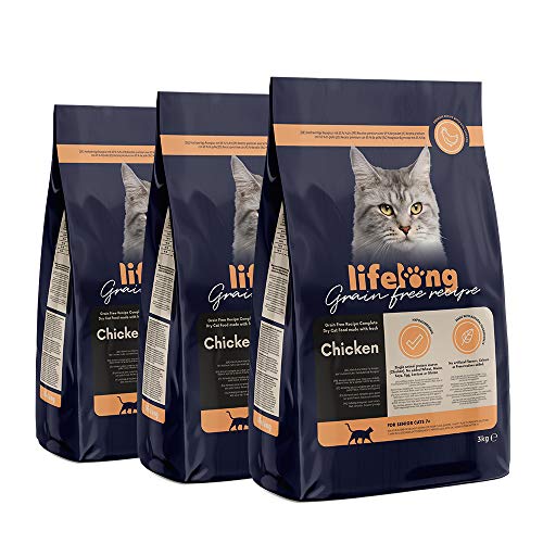 Marca Amazon Lifelong Alimento seco para gatos sénior con pllo fresco, receta sin cereales - 3kg *3