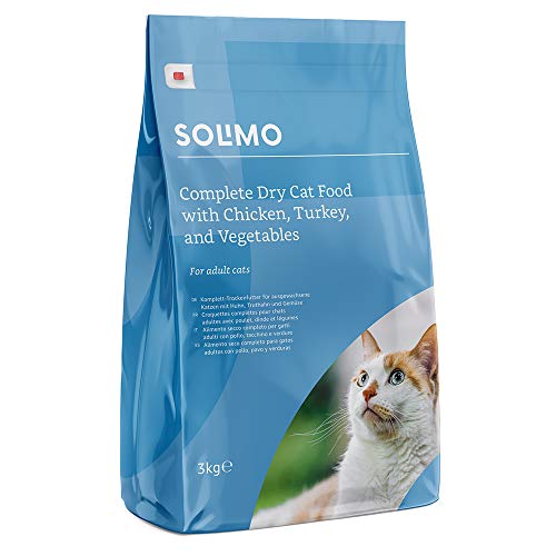 Marca Amazon - Solimo - Alimento seco completo para gatos adultos con pollo, pavo y verduras, 3 Packs de 3kg