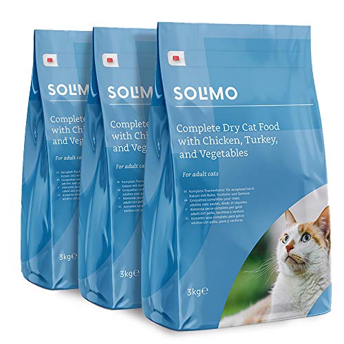 Marca Amazon - Solimo - Alimento seco completo para gatos adultos con pollo, pavo y verduras, 3 Packs de 3kg