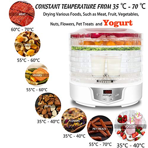 MiMiya Deshidratador de Alimentos Profesional de 5 Bandejas con Capacidad Extendida, 35-70 °C de Temperatura para Carne Seca, Fruta, Vegetal, Nueces y Yogurt Libre de BPA 240W