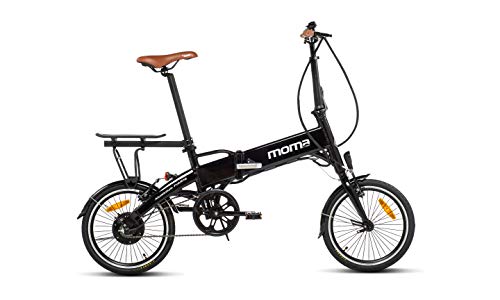 Moma Bikes E16teen + portabultos Bicicleta Electrica, Plegable, Urbana, Bat. Ion Litio 36V 9Ah, Negro, Unic Size