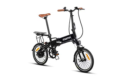 Moma Bikes E16teen + portabultos Bicicleta Electrica, Plegable, Urbana, Bat. Ion Litio 36V 9Ah, Negro, Unic Size