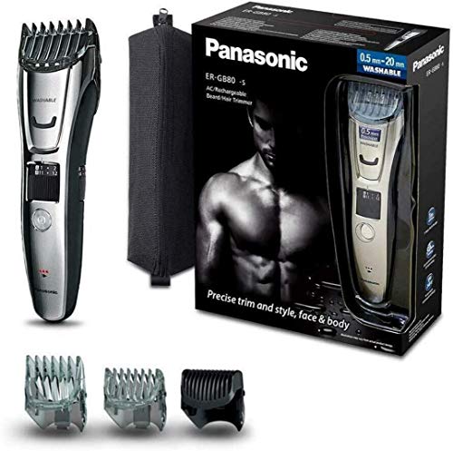 Panasonic ER-GB80-S503 - Cortapelos impermeable con Peine-Guía 3 en 1 barba, cabello y cuerpo (recargable, acero inoxidable, lavable, batería larga duración, 39 ajustes, 3 peines incluidos), plata