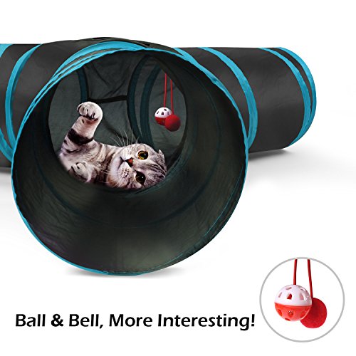 Pawaboo Túnel para Gatos, Prima 3 Vías Túneles Extensible Plegable Gato Jugar Túnel Casa del Laberinto del Juguete con Pompón y Campanas para Gato Gatito Cachorro Conejo, Negro y Azul
