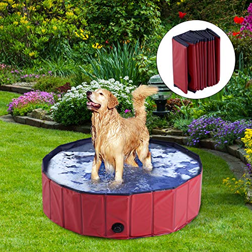 PawHutBañera para Perros Gatos Plegable Piscina para Mascotas Natación Baño Φ100x30cm Color Rojo