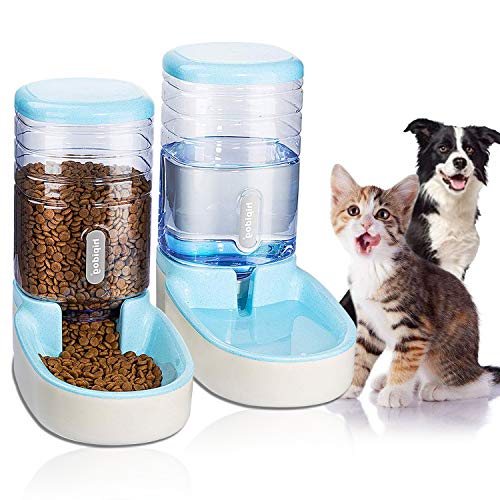 UniqueFit Pets Gatos Perros Riego automático y alimentador de Alimentos 3.8 L con 1 * dispensador de Agua y 1 * alimentador automático para Mascotas (Azul)