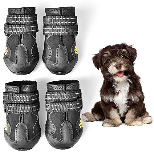 Zapatos al aire libre para perros, 4PCS Botines impermeables para correr para cachorros Protectores antideslizantes para patas de mascotas Zapatillas transpirables con velcro reflectante,Negro,8#