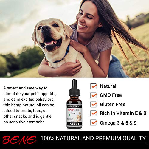 Aceite Natural de cáñamo Puro para Perros y Gatos, Alta Potencia, Rico en Vitamina E, B (2000 MG / 30 ml)