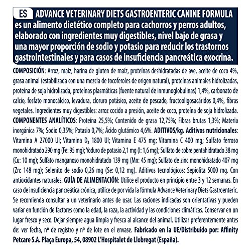 Advance Adavnce Veterinary Diets Gastroenteric Pienso para Perros con Problemas Gastrointstinales 12 Kg