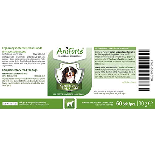AniForte Thick Shield para Perros (35 a 50 kg) 60 cápsulas. Producto 100% natural. Complejo de Vitamina B que Actúa como Escudo Anti-Garrapatas y Parásitos.