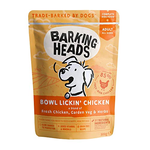 Barking Heads Comida Húmeda para Perros- Bowl Lickin' Chicken - Pollo de corral sin aromas artificiales, 85% Natural, Receta sin cereales enriquecida con vitaminas y minerales añadidos (10 x 300 g)
