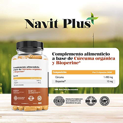 Cúrcuma Orgánica 1490mg con BioPerine®. Suplemento Nº 1 en Cúrcuma. Antioxidante natural. 120 cápsulas vegetales con ingredientes de máxima calidad. Cúrcuma ecológica 100% natural. ISO 9001.
