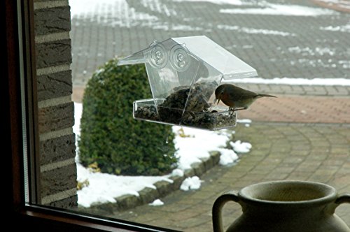 dobar 11503 Ventana de Casa de pájaros de Forro dispensador de plástico, Pajarera Comedero Transparente para Colgar, con ventosas, 24 x 9.6 x 15 cm