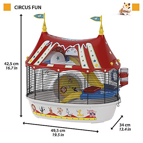 Ferplast Jaula de Tres Pisos para hámsteres Circus Fun, Ratones y pequeños roedores, Plástico Robusto y Metal, Coloridos Adhesivos y Accesorios incluidos 49,5 x 34 x h 42,5 cm Negro