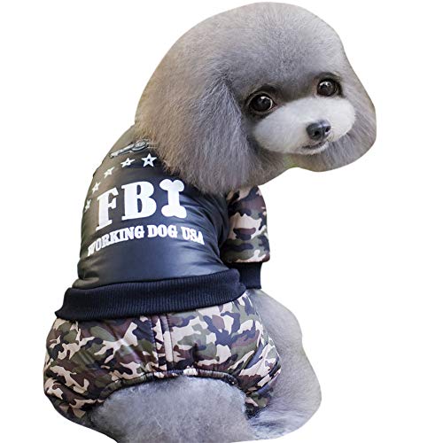 GODGETS Invierno cálido Perro de Cuatro Patas Vestido de Abrigo Ropa para Mascotas Perro FBI-Carta de impresión Camuflaje Traje Abrigo Chaqueta,Negro,(35×47×32 CM)
