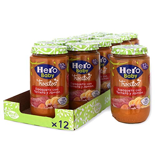 Hero Baby Trocitos Tarrito de Puré de Espaguetis con Ternera y Jamón Alimento para Bebés a partir de 12 meses Pack de 12 x 235 g