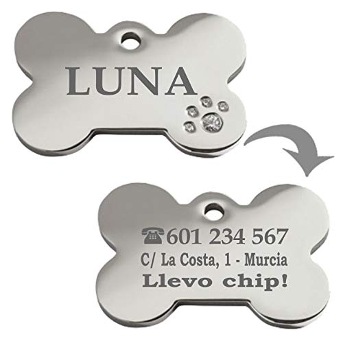 Hueso Acero Deluxe con brillantitos en Forma de Pata Placa Chapa Medalla de identificación Personalizada para Collar Perro Gato Mascota grabada