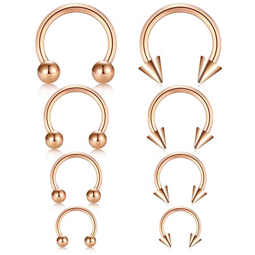 JFORYOU 16G Stainless Steel 8 Pcs Nose Septum Ring Spike and Ball Horseshoe Hoop Ear Rook Helix Tragus Earrings Jewellery Rose Gold Set