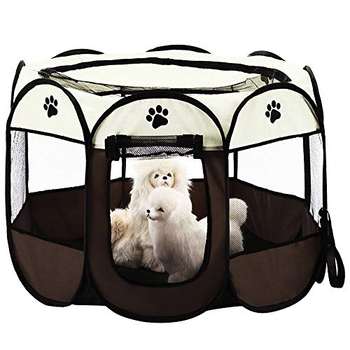 KEESIN Tienda de Campaña Plegable para Mascotas con 8 Paneles de Malla, para Perro, Gato, Conejo ,73*73*43cm Marrón